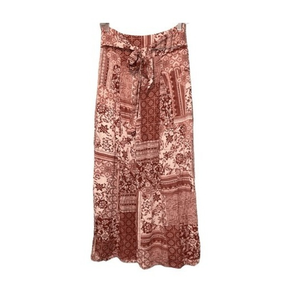 Onetheland Wide Leg Palazzo Pants Maroon White Flowy Print High‎ Waisted S